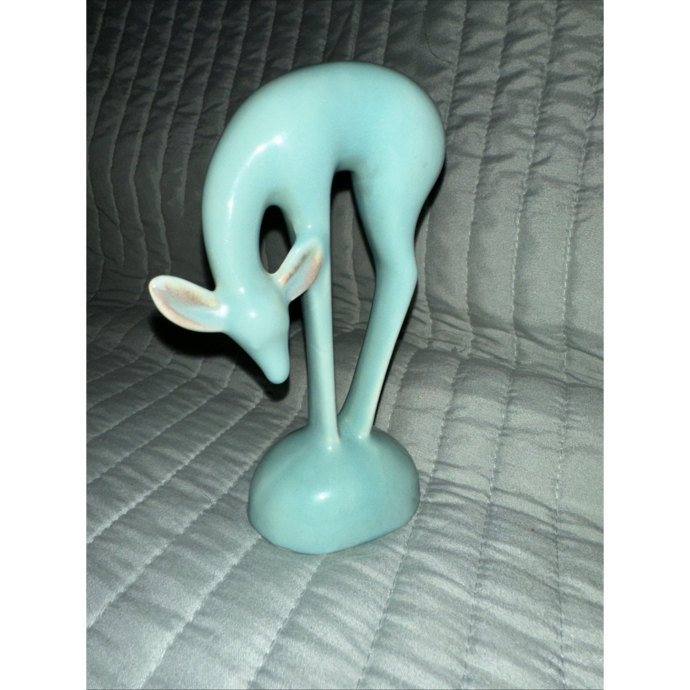 Vintage Roselane California Pottery Deer Figurine Light Blue-Green